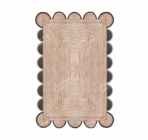 Indian Hand Braided Beige & Dark GreenBorder Scalloped Jute Rug, Home Decor Rug - Picture 1 of 4