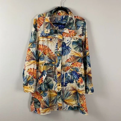 Chicos Palm Print Hawaiian Linen Utility Jacket Size 2 US Large Snap Front - Image 1 of 4