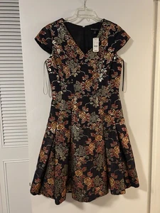 Neu mit Etikett Brooks Brothers Damenkleid geblümt Jacquard Größe 8 marineblau bronze gold 498 $ - Bild 1 von 16