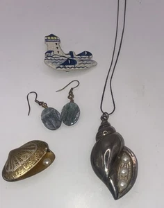 Vtg Sea Theme- Oyster Necklace & Brooch, Lighthouse Brooch & Iridescent Earring - Picture 1 of 8