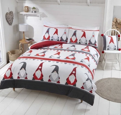 Xmas Gonks Duvet Cover Christmas Festive Double Quilt Cover Bedding Set Red Grey
