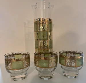 MCM Martini CULVER Prado 22k Gold Green Cocktail Mixer Pitcher &Glasses 4 Pc Set - Picture 1 of 21