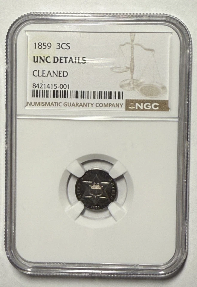 1859 Silver 3 Cent Piece – NGC UNC Details (Cleaned) – Sharp Strikes, Nice Eye - Image 1 of 4