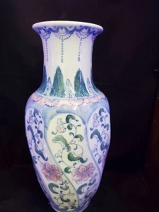 Antike Orientalische Kunst Vase Rund Blau & Rosa Blumenmuster Keramik - Bild 1 von 4