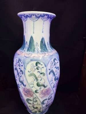 Jarrón antiguo arte oriental redondo azul y rosa diseño floral cerámica Foto 1 de 4