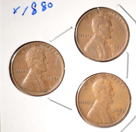 1951-P + 1951-D + 1951-S - USA Lincoln Wheat Cent Set - INV# X-1880   🇺🇸 Cover