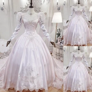 Victorian Pink Satin Wedding Dresses Long Sleeve V Neck Mid Century Bridal Gown - Picture 1 of 9