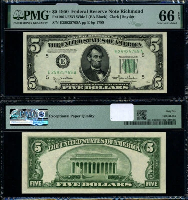 FR. 1961 EWi $5 1950 Federal Reserve Note Richmond E-A Block Wide I Gem PMG CU66 - Image 1 of 3