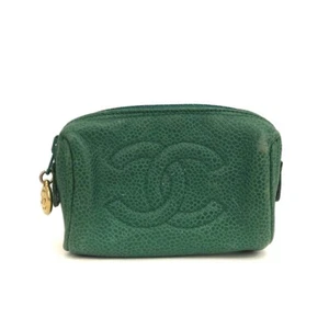 CHANEL CC Logo Grained Calfskin Cosmetic Pouch Bag Green/8BD1126 - Picture 1 of 8