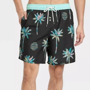 🐻 Men's 7" Doodle Palm Print Swim Trunks - Original Use™ Black Size L - Picture 1 of 5