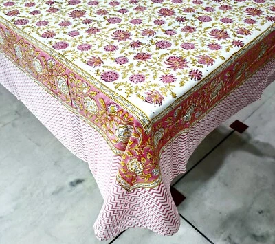 White Yellow Tablecloth Block Print Indian Rectangular for 6 seater Table - Image 1 of 4
