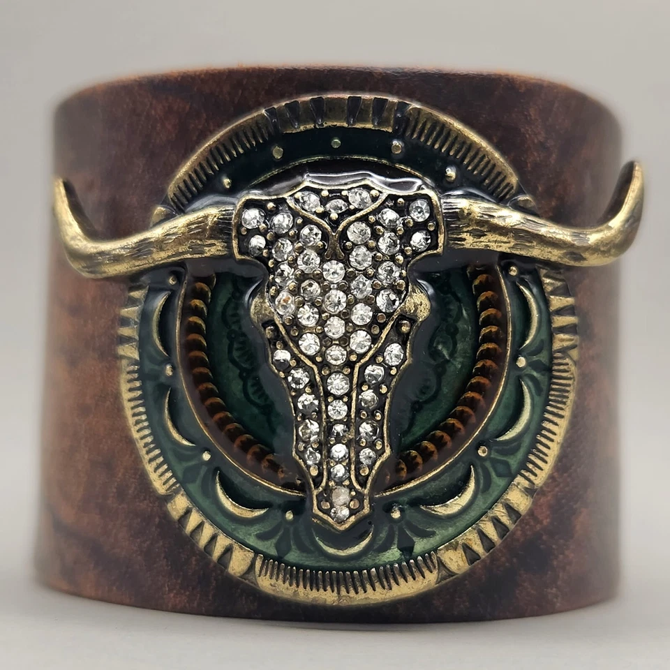 Pulsera Longhorn Steer estrás puño a presión verde occidental imitación cuero latón NUEVO Foto 1 de 4