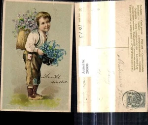 290890,Präge Ak Bub Junge m. Blumen Vergissmeinnicht i. Hut Rückenkorb Veilchen  - Picture 1 of 1