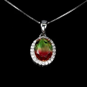925 Sterling Silver Necklace Oval Tourmaline Synthetic Watermelon Gemstone - Picture 1 of 14
