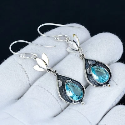 Orecchini In Topazio Blu In Argento 925 Gioielli Per Regali Di Compleanno - Immagine 1 di 4
