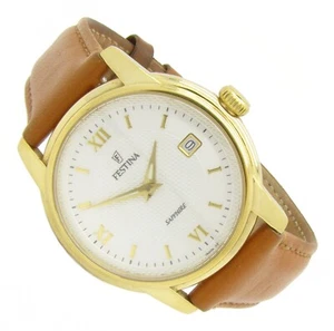 Festina Armbanduhr Edelstahl Leder Datum F16006 vergoldet 5ATM Batterie neu S320 - Picture 1 of 2