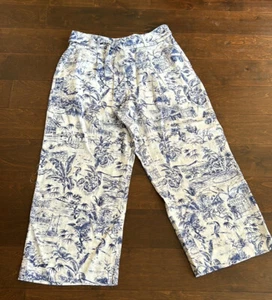 Joie Damen Leinenhose blau weiß tropisch neu Gr. L Palmen Blumenmuster Vögel - Bild 1 von 5