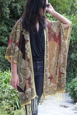 Beige Sheer Paisley Bandana Medallion Burnout Fabric Kimono Top One size SML - Imagem 1 de 4