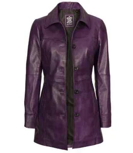 Women's New Designers Slim Fit Real Lambskin Purple Leather Car Trench Long Coat - Picture 1 of 6