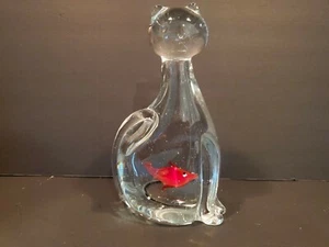 MURANO LEAD GLASS CRYSTAL CAT ART GLASS STATUE WITH GOLD FISH - Picture 1 of 12