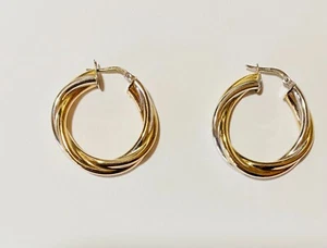 9ct Gold Hallmarked 2 colour (yellow & white) Polished Twisted Hoop Earrings - Picture 1 of 2