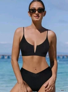 NWT - Popvil Black Ribbed Bikini Small Top & Medium Bottoms - Picture 1 of 4