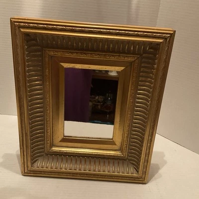 Gold Thick Framed Ornate Rectangular Wall Mirror Vertical 11”x13” Linear Design - Image 1 of 4