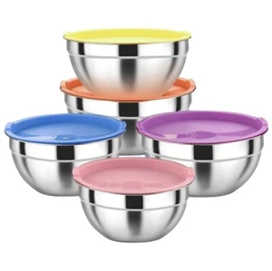 5Pcs Mixing Salad Bowl with Lids Set Stainless Steel Salad Bowl with Silicone B - Picture 1 of 4