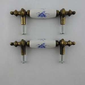 2 Vintage KBC 1979 Japan Porcelain Floral Brass Cabinet Drawer Pull Handles - Picture 1 of 2