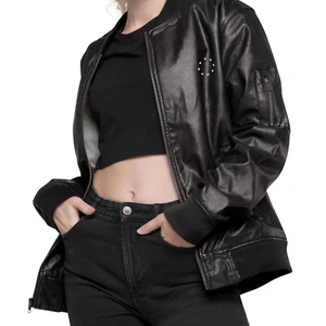 PU Faux Leather Bomber Jacket Heart Circle Black Vegan Leather Coat for Women - Picture 1 of 6