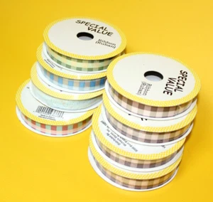 Michaels Gingham Ribbons Assorted Colors + Baby Blue Frayed Wired Ribbon 24 YD - Picture 1 of 3