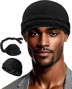 Upgraded Satin-Lined Halo Turban Durag, Pre-Tied Sleeping Bonnet for Men & Women - Picture 1 of 6