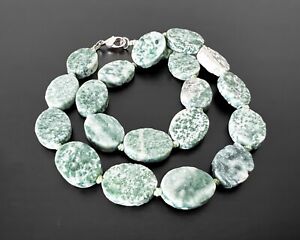Natural Rough Frosted Tree Moss Agate Oval Stone Bead Necklace 18"