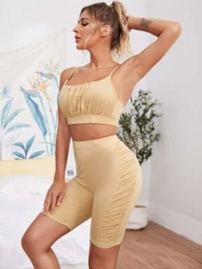 NWT FABONICS Ruched Bust Sports Bra & Biker Shorts M - Picture 1 of 7