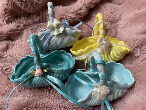 4 Vintage Glazed Pottery Baskets Ribbons Initials Collectible Blue Yellow Mini Cover