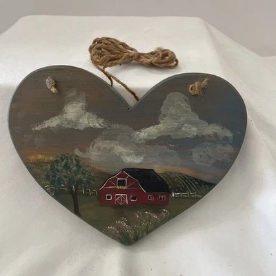 Heart Shaped Sign Vintage WALL PLAQUE WITH TREES AND BARN HAND-PAINTED - Image 1 of 4