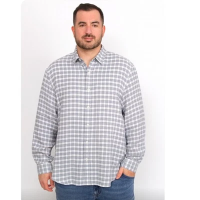 Theory SZ L Men's Zack_Bowrey Gray/White Check Linen Blend Shirt  - Image 1 of 4