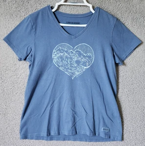 Life is Good Damen T-Shirt Gr. L Kurzarm V-Ausschnitt Crusher Herz Wellen blau - Bild 1 von 11