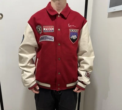 DDP Karl Kani Hombres Universitario Lana Cuero Chaqueta Bombardero Universitario Talla XL Foto 1 de 4
