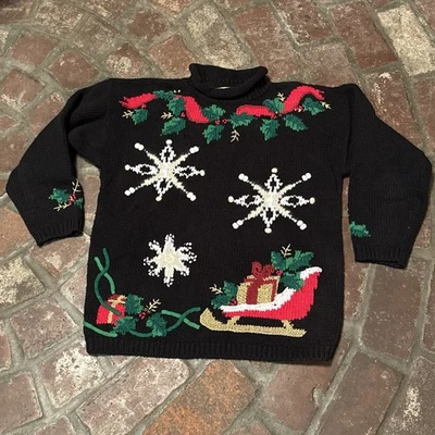 Lauren Hansen ручной вязки праздник свитер колокольчики снежинки сани дизайн размер M - Изображение 1 из 4