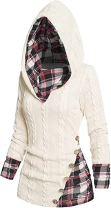 Damenpullover mit Karobesatz und Zopfmuster und Kapuze cremefarben Knopfdetail Größe L - Bild 1 von 9