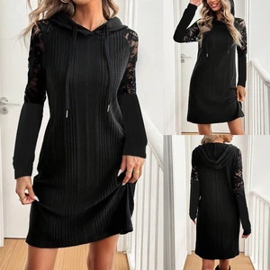 Damen Spitze Langarm Midikleid Kapuzenkleid Freizeitkleid Shirtkleid Partykleid - Bild 1 von 16