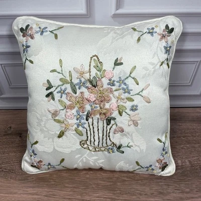 VTG Ribbon Art Floral Embroidered Throw Pillow 8.5"x8.5"  Roses Flowers Leaves - Image 1 of 4