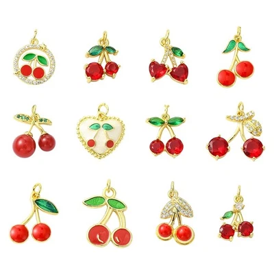 12 piezas Colgante de latón cereza oro 18K dijes para pulsera pendiente collar joyería Foto 1 de 4