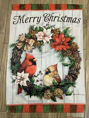 Carson Merry Christmas Cardinals Wreath Large House Flag by Janet Stever 2Sided - Imagem 1 de 4