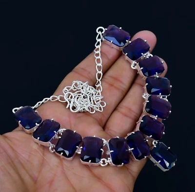 Collana In Argento Sterling 925 Con Gemma Blu Zaffiro Fatta A Mano Per Mamma - Immagine 1 di 4
