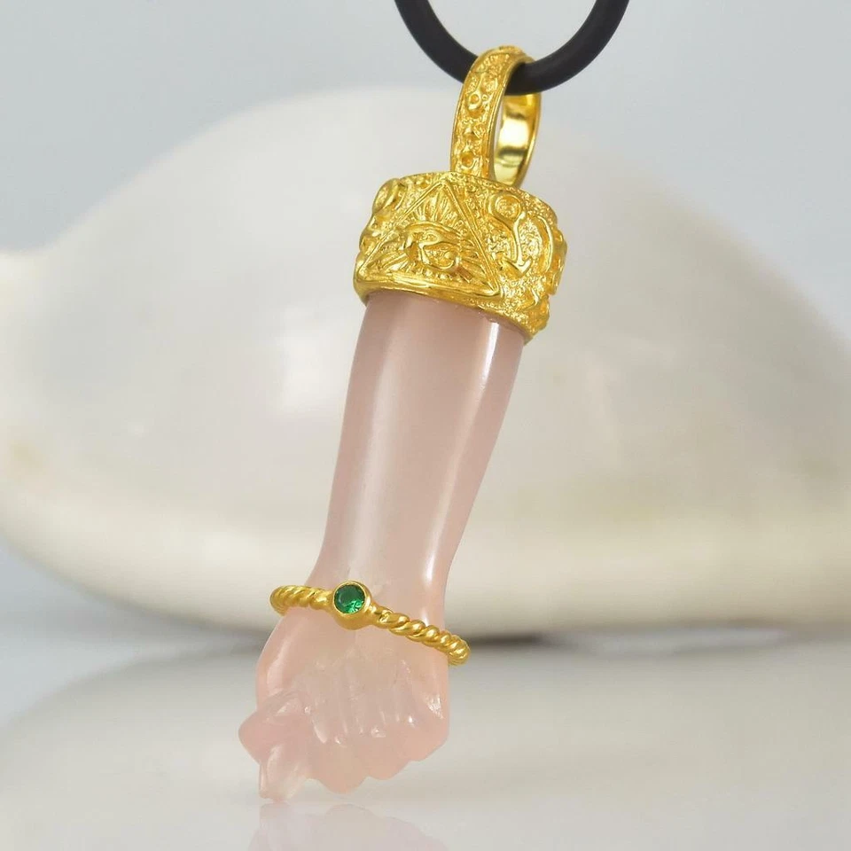 Gold Vermeil Sterling Mano Fico Figa Anhänger Geschnitzt Chalzedon Smaragd 10.64 - Bild 1 von 4