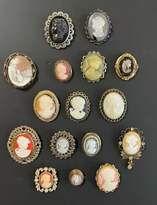 Lot of 16 Vintage antique Cameo Brooch Pendants, various unique, NOT gold - Picture 1 of 19