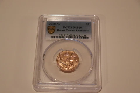 2018-W Breast Cancer $5. Gold Coin.PCGS MS69. OGP & COA Cover