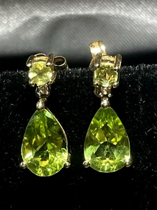 10K GOLD PERIDOT EARRINGS NATURAL GEMSTONES DROP DANGLE DESIGNER SIGNED AJ - Picture 1 of 20